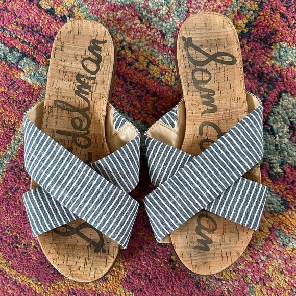 Sam Edelman | Women’s Blue/White Stripe Hattie Crisscross Canvas Slip On Flats - Picture 11 of 16